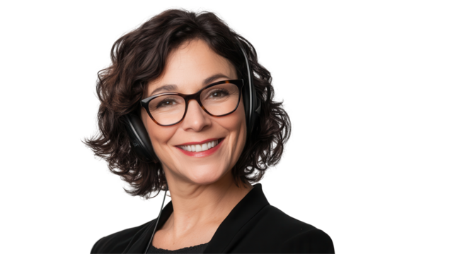 Professional woman with curly hair and headset smiling against a transparent background - Powered by Adobe