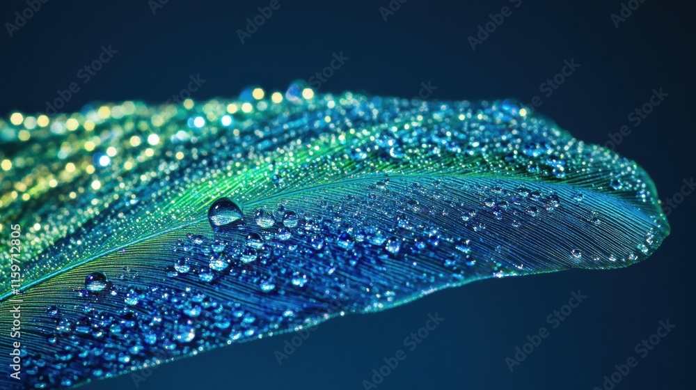 Aufkleber Close up of a peacock feather adorned with dew drops on a serene background offering space for text placement. Generative AI
