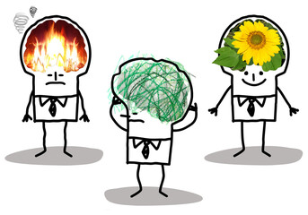 Set of 3 illustrations - Cartoon hand drawn stick characters with big brain - photographic collage -Different moods concepts - Fever, confusion, joy concepts
