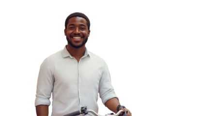 Smiling man with glasses and curly hair wearing a casual shirt and backpack, standing against a transparent background in a relaxed pose
