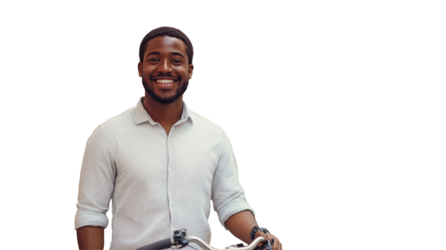 Smiling man with glasses and curly hair wearing a casual shirt and backpack, standing against a transparent background in a relaxed pose