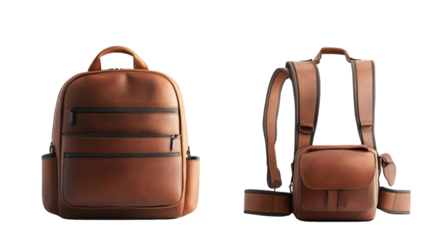 Classic leather and canvas backpack collection displayed with a transparent background for easy integration into various designs and presentations