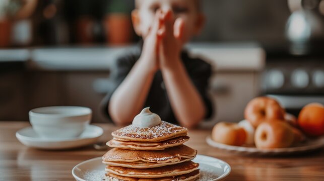 A toddler claps hands full of pancake crumbs, enjoying a cheerful moment in a cozy kitchen. Fat Tuesday, National Pancake Day - Powered by Adobe