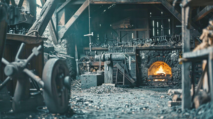 A traditional blacksmith shop showcases craftsmanship with horseshoeing tools and a glowing forge