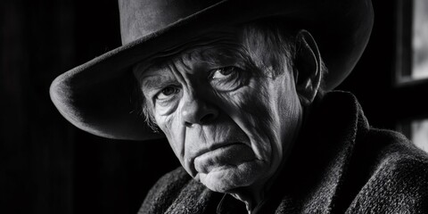 Black and white portrait of weathered senior farmer wearing cowboy hat, showing strength and wisdom in his gaze
