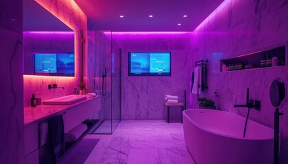 Luxury bathroom with a holographic mirror display showing weather and news, sleek marble surfaces, soft neon lighting, modern tech-infused atmosphere