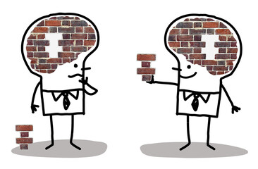 Set of 2 illustrations - Cartoon hand drawn stick characters with big brain - photographic collage - Wall, construction and puzzle concepts