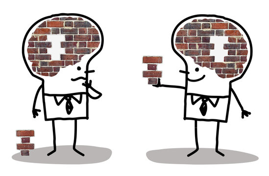 Set of 2 illustrations - Cartoon hand drawn stick characters with big brain - photographic collage - Wall, construction and puzzle concepts