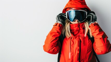 Obraz premium A woman dressed in bright orange winter clothing prepares to adjust her goggles in a studio. World Snow Day. Banner with copyspace.
