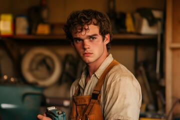 Skilled carpenter gripping measuring tape, standing confidently amid woodworking tools and lumber in rustic workshop setting