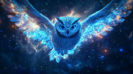 A cosmic owl with wings made of galaxies, soaring through space, symbolizing wisdom transcending the universe.  