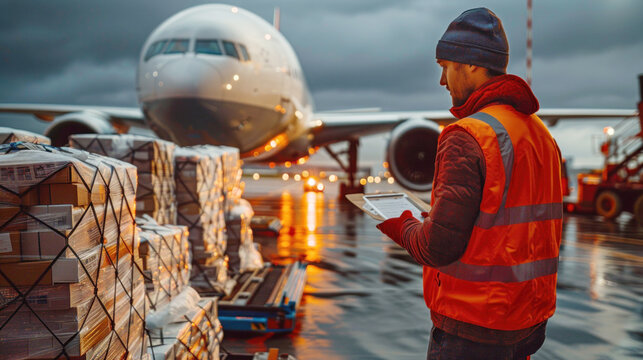 Airport personnel inspects cargo details next to a large aircraft during twilight hours