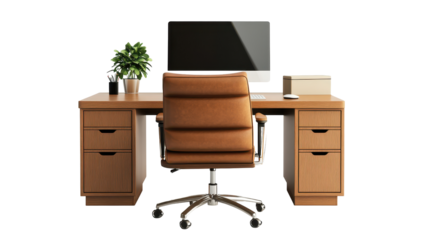 Modern office desk setup featuring a sleek chair, computer, and minimalist design against a transparent background