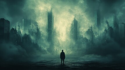 Fototapeta premium A man stands in the middle of a city with a foggy atmosphere