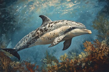 Fototapeta premium Underwater image of solitary Atlantic spotted dolphin serene atmosphere