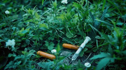 An abandoned heroin kit lies neglected in a vibrant, overgrown field, evoking themes of recovery
