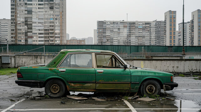 An old green car sits abandoned in a deserted parking lot amidst modern buildings