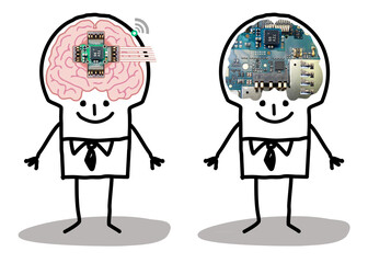Set of 2 illustrations - Cartoon hand drawn stick characters with big brain - photographic collage - Cyborg human and technology concepts