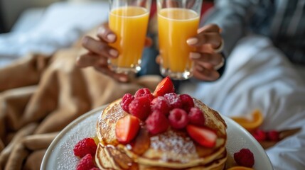African American couple celebrates a sunny morning with toasts over pancakes covered in berries