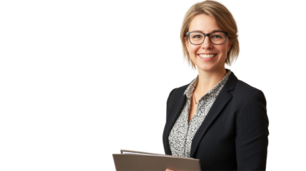 Professional woman with glasses smiles confidently while holding documents in a business setting against a transparent background