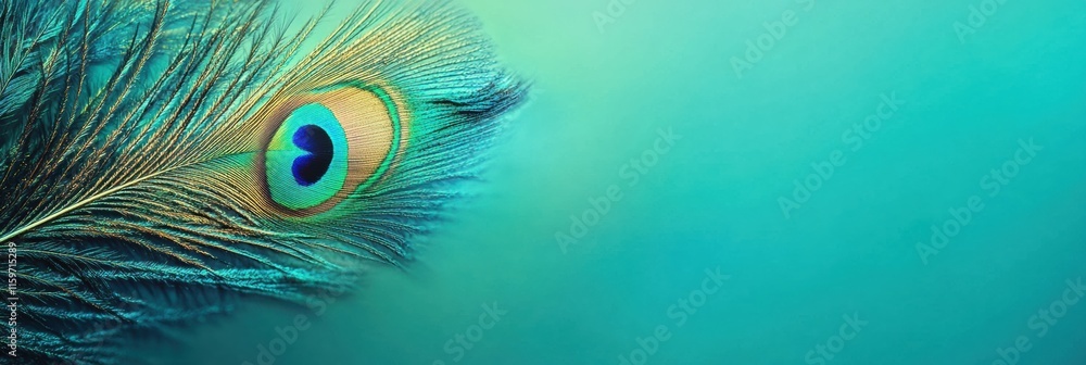 Poster intricate textures of a peacock feather with vibrant colors and soft background for creative use. ge