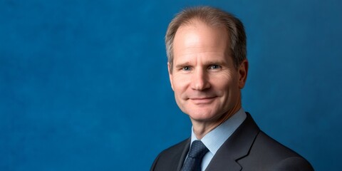 Studio portrait featuring a middle aged businessman smiling confidently against a vibrant blue background, exuding professionalism and approachability
