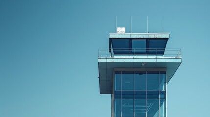 A modern air traffic control tower monitors cargo terminal activities under a clear sky