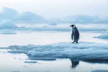 Fototapeta premium Majestic Emperor penguin on Antarctic ice in soft light