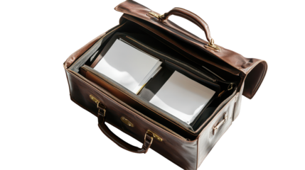 Stylish leather briefcase holding documents and a tablet on a transparent background for professional settings and everyday use