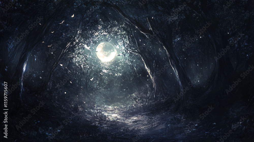 Poster a dark forest where the trees are made of glass, and moonlight filters through them, creating a drea