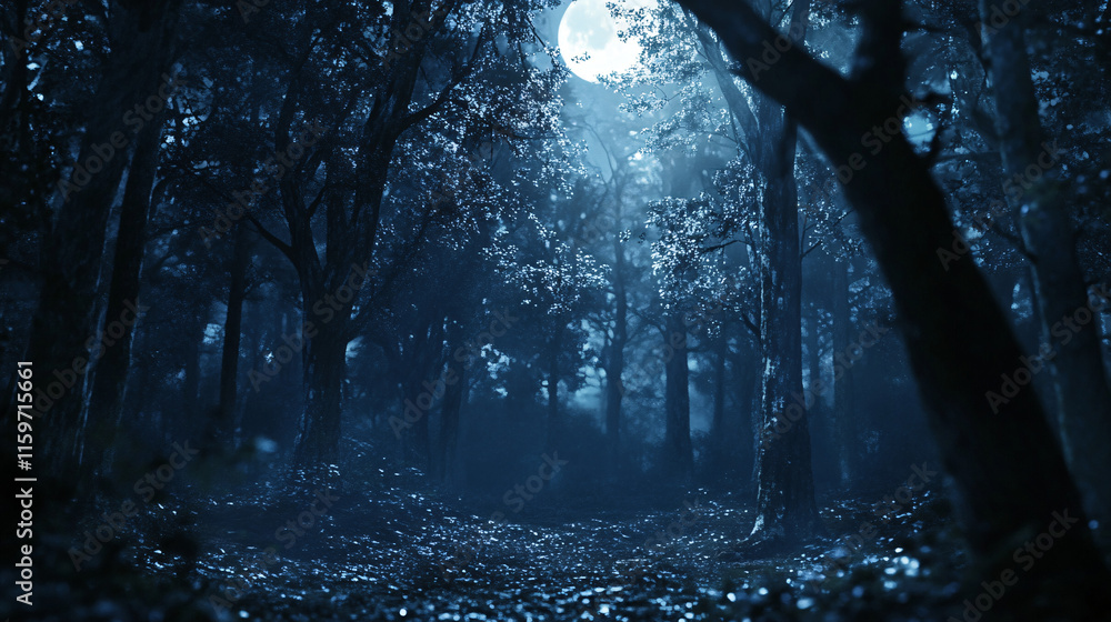 Poster a dark forest where the trees are made of glass, and moonlight filters through them, creating a drea