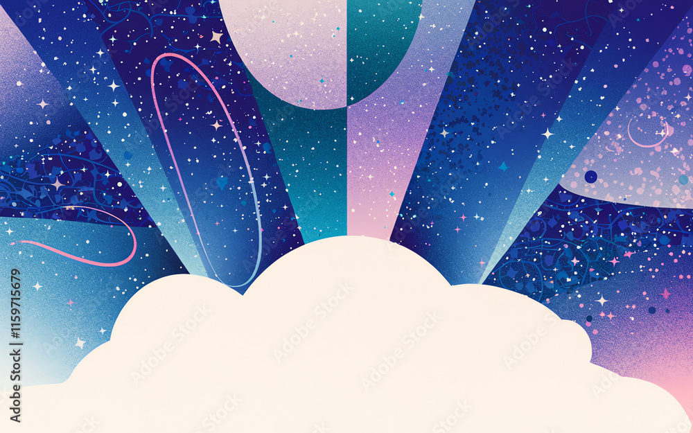 Poster colorful abstract representation of a cosmic scene with celestial elements and radiant rays illumina