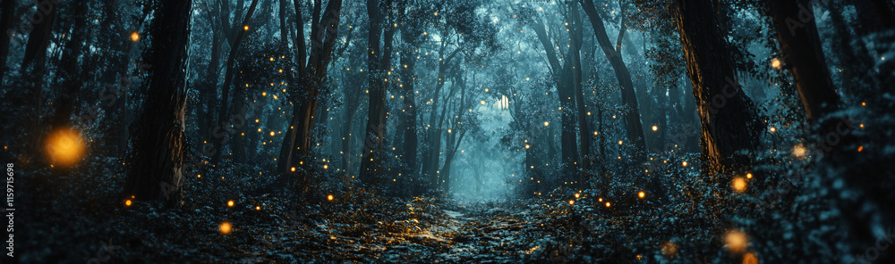 Poster a dark forest where the trees are made of glass, and moonlight filters through them, creating a drea