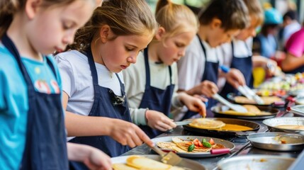 Kids surround a pancake station, eagerly decorating with colorful toppings and syrups. Fat Tuesday, National Pancake Day