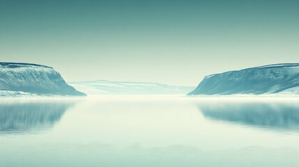 Fototapeta premium Serene winter landscape misty lake nestled between snow-covered mountains. A tranquil, peaceful scene perfect for meditation or relaxation.