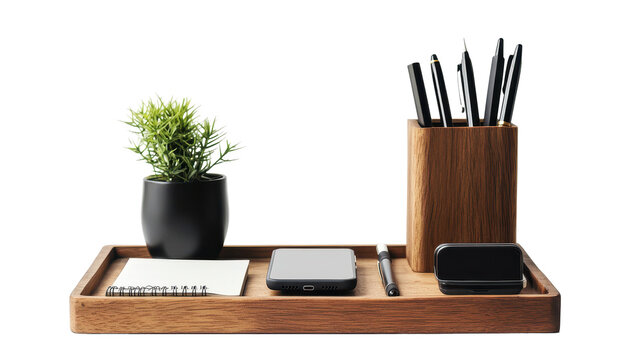 Workspace setup featuring stationery items, a plant, and a smartphone on a stylish organizer