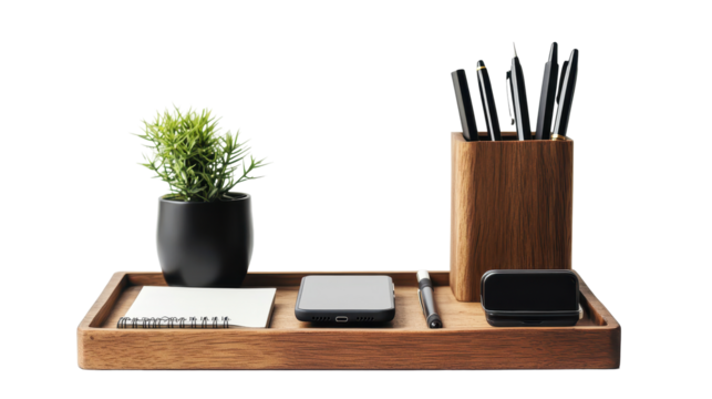 Workspace setup featuring stationery items, a plant, and a smartphone on a stylish organizer