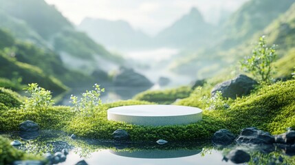 Moss stone podium eco green background. Beauty cosmetics concept. Forest miniature platform showcase. 3d professional photography.