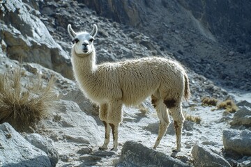 Fototapeta premium Llama portrait in Andean landscape with soft lighting