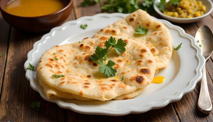Golden flatbreads with fresh herbs on a plate