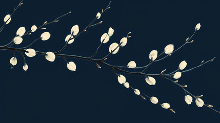 Silhouette of willow branch with catkin on dark blue background. Willow. Illustration
