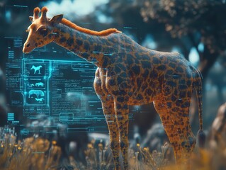 Wild animals in a safari with holographic animal data floating, soft natural lighting, sleek high-tech gear, sharp detail of wildlife combined with futuristic elements