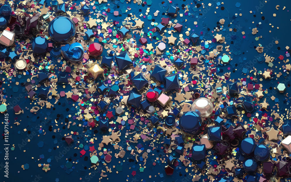Poster bright array of colorful sequins and glitter scattered on a blue surface