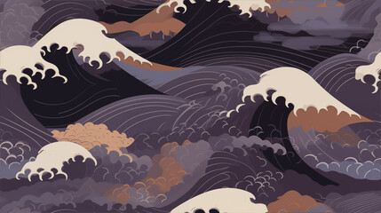 Seamless Stylized ocean waves and clouds pattern in earthy tones for artistic maritime concept