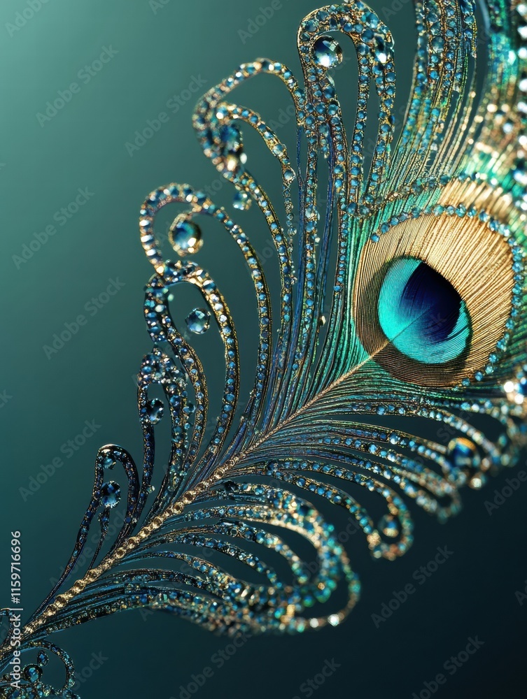 Aufkleber Close up view of a peacock feather adorned with dew drops against a soft background showcasing vibrant colors and textures. Generative AI