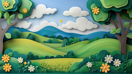 Fototapeta premium Paper art depicting idyllic green hills and blooming flowers under blue sky