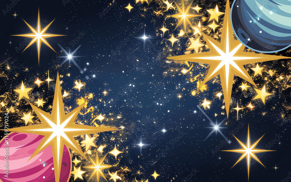 Poster colorful planets and shining stars create a vibrant cosmic scene in a deep space background filled w