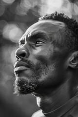 Obraz premium Athletic man in profile with intense gaze.