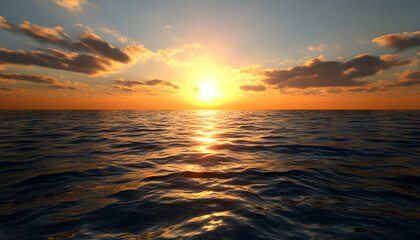 Obraz premium Stunning sunset over a calm ocean, golden hour light reflecting on the water's surface. Perfect for travel, nature, and serenity themes.