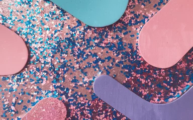 Fototapete Rund Colorful glittery backdrop with confetti and decorative shapes in shades of pink and blue © Vectplus